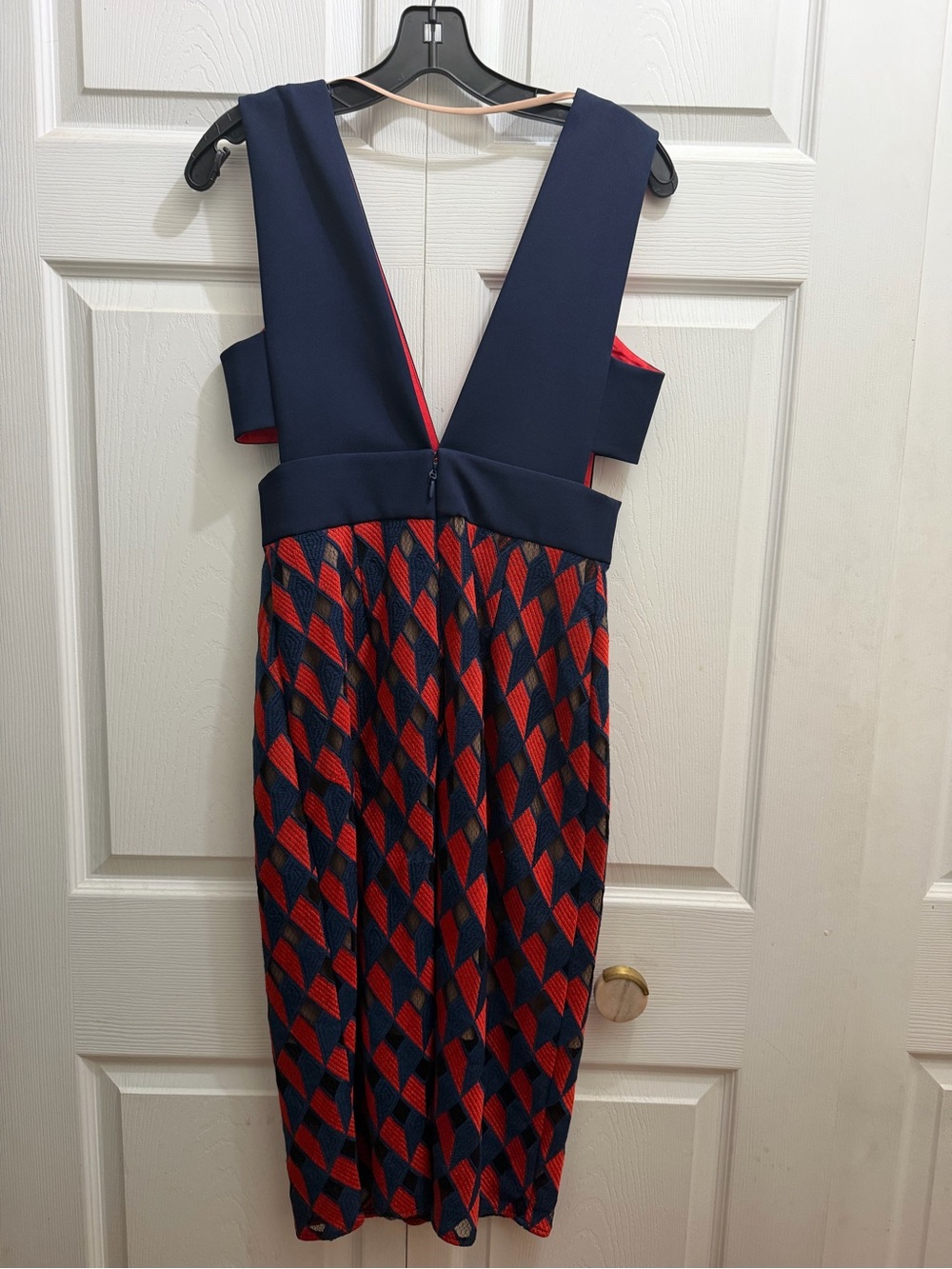 BCBGMaxAzria Navy and Red V-Back Patterned Midi Dress